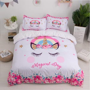 Juego de fundas de edredón con unicornio en 3D, funda de edredón con diseño floral, juego de cama con arcoíris, funda de edredón con letras, ropa de cama redonda para dos personas, ropa de cama rosa