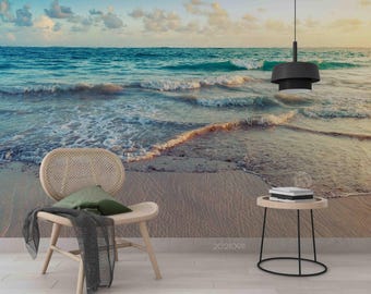 Beach Wall Mural: 3D Sea Waves Landscape Wallpaper, Peel and Stick