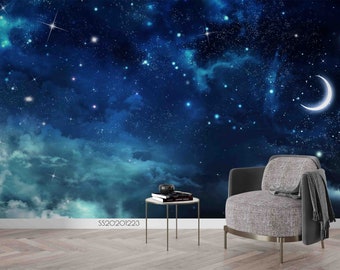 3D Starry Sky Wallpaper, Blue Moon Wall Mural, Peel and Stick