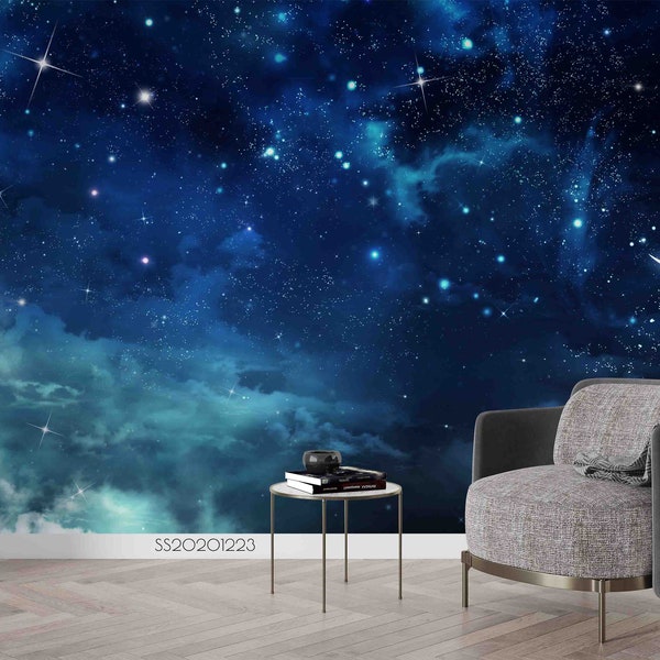 3D Starry Sky Wallpaper, Blue Wall Mural, Moon Wall Decor, Cloud Wall Art, Peel and Stick, Removable Wallpaper, Wall Sticker