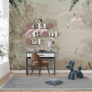 3D-Retro-Wald-Flamingo-Tapete – Kinderzimmer-Tapete, abnehmbare Tapete, abziehen und aufkleben, Wandgemälde, Spielzimmer-Tapete, Wanddekoration 294