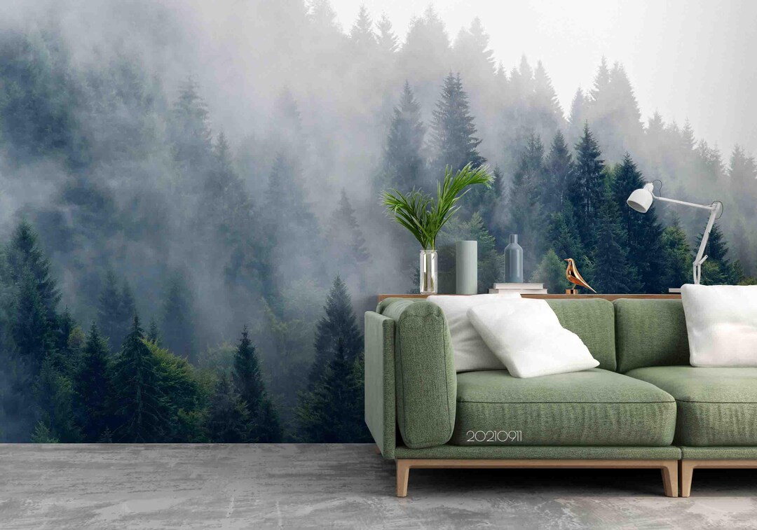 Forest Landscape Wall Mural – Green Fog, Peel and Stick Wallpaper - Etsy
