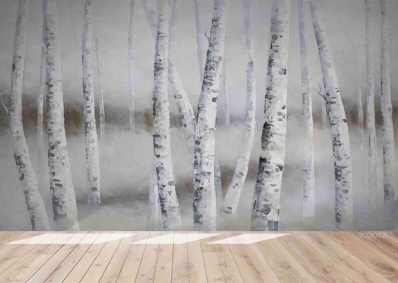 Birch Forest Wall Mural – Hand Drawn Landscape, Peel and Stick ...