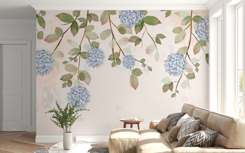 Floral Hydrangea Branch 3D Wallpaper, Peel and Stick Wall Mural - Etsy