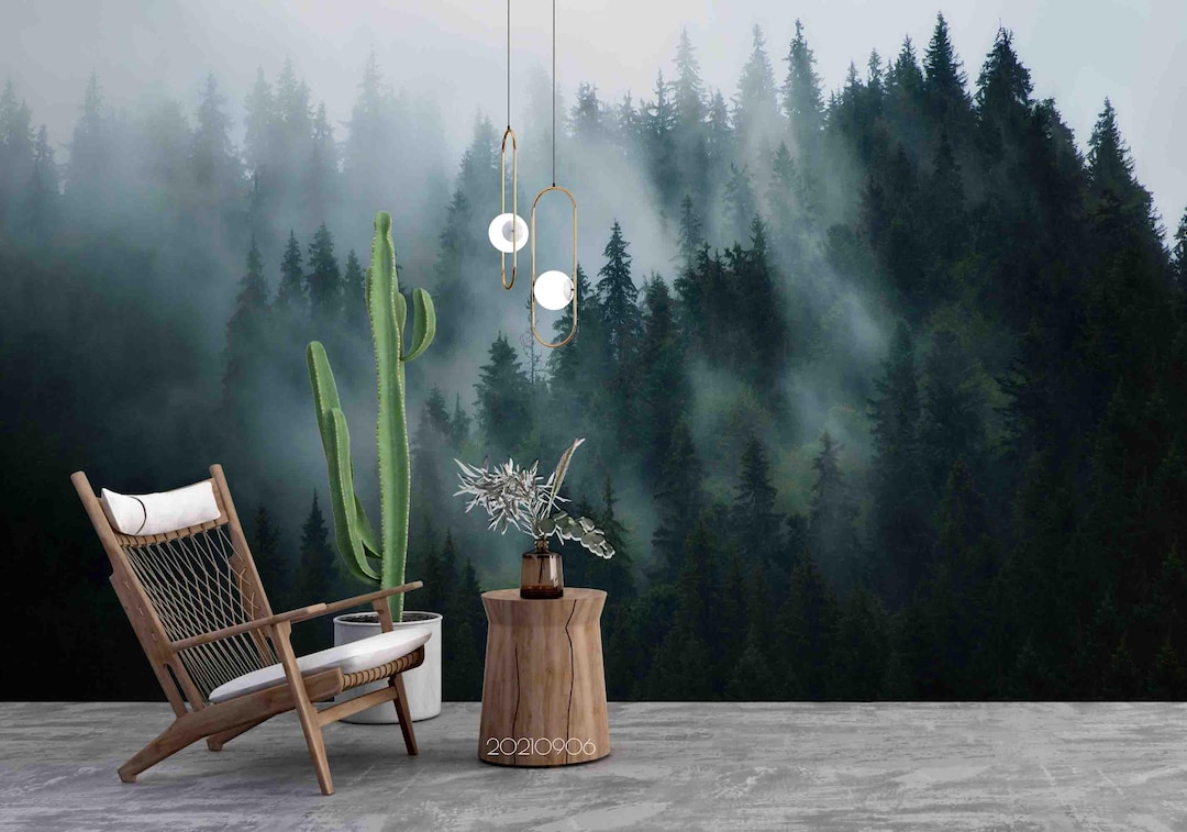 Nature Wall Mural – 3D Green Forest White Fog Landscape Wallpaper, Peel ...