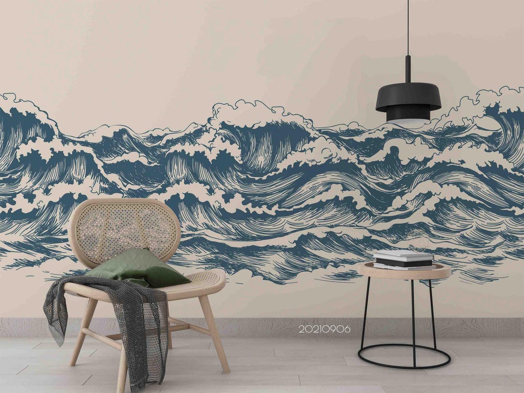 Sea Waves Wall Mural – Hand Drawn Ocean Wallpaper, Peel and Stick - Etsy