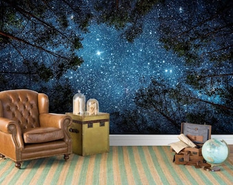 3D Starry Wallpaper, Sky Wall Mural, Forest Wall Decor, Scenery Wall Art, Peel and Stick, Removable Wallpaper, Wall Sticker