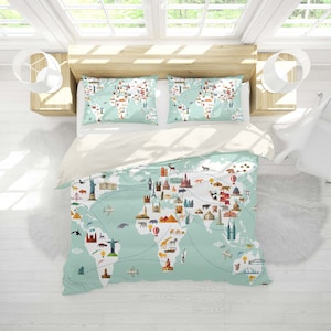 3D Weltkarte Bettwäsche Set, Tier Quilt Cover, Cartoon Bettwäsche Set, Architektur Doona Cover, Reise Doppelbettwäsche, Kinderbettwäsche