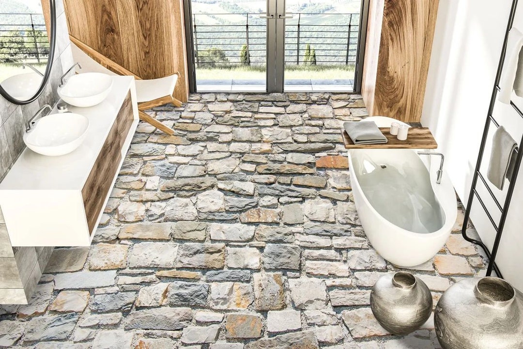 3D Grey Stone, Vinyl Floor Mural, Self-adhesive Vinyl, Floor Art, Bathroom Floor, Kitchen Floor ...