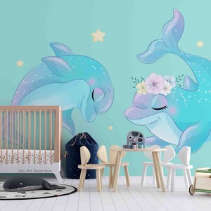 Carta da parati 3D con coppia di delfini e cartoni animati, carta da parati rimovibile per la cameretta dei bambini, decorazione murale con stacca e incolla, carta da parati per sala giochi 801