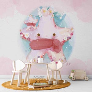 Mural de pared de dibujos animados: papel tapiz infantil con acuarela floral y estrellas en 3D, autoadhesivo, ideal para sala de estar, dormitorio y oficina.