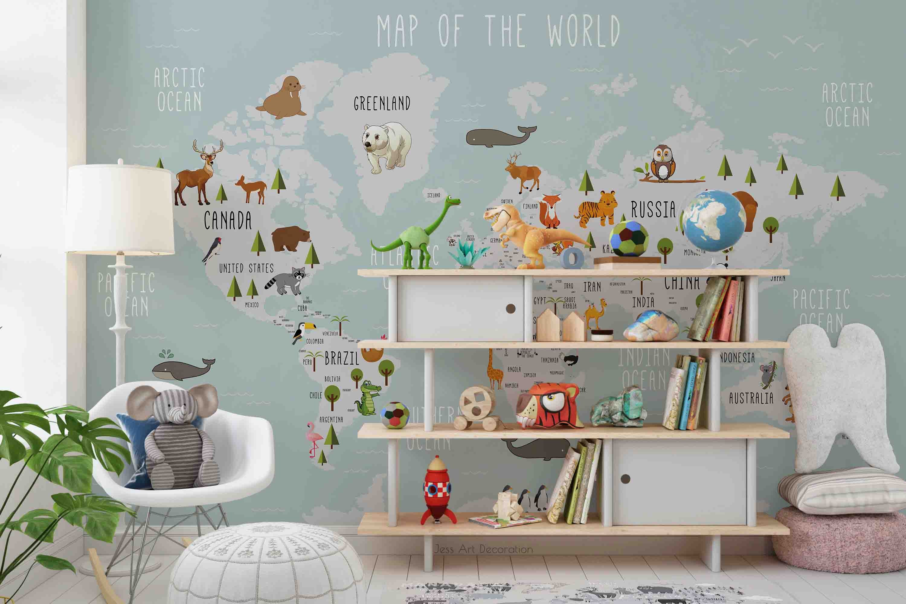 Cartoon Animal World Map Kids Wallpaper, Removable Peel and Stick Wall ...