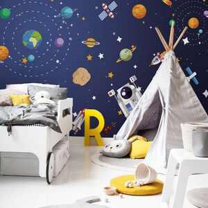 3D Dibujos animados Espacio Estrellas Sistema Solar Planeta Astronauta Papel pintado Extraíble Papel pintado-Pelar y pegar Mural de pared, Sala de juegos Papel pintado Pared deco,r