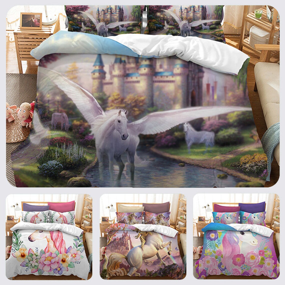 3D White Unicorn 203 Bed Pillowcases Quilt