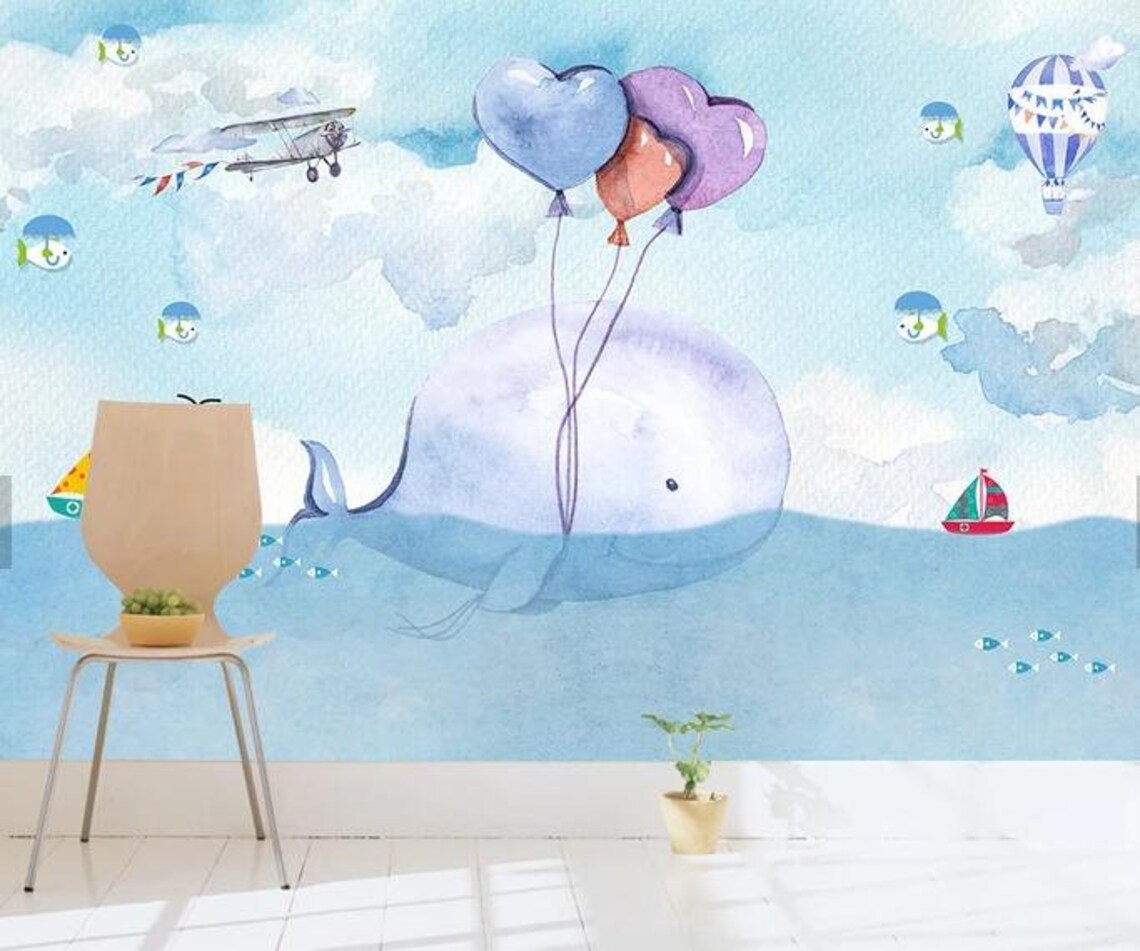 3D Whale Wallpaper Balloon Wall Mural Cartoon Wall Decor - Etsy Australia