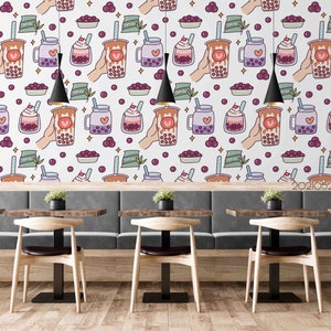 3D Bubble Tea Wallpaper, Drink Wall Mural, Cartoon Wall Decor, Pattern Wall Art, Peel and Stick, Verwisselbaar behang, Muursticker