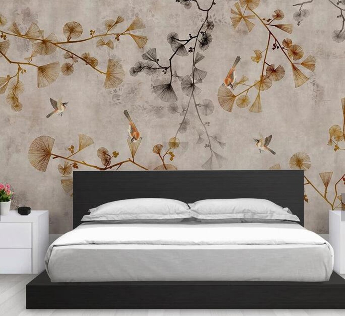 3D Chinese Style Hand-painted Ginkgo Leaf Wallpaper | Etsy