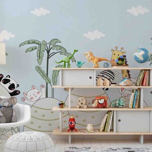3D dibujos animados jirafa conejo panda hipopótamo montañas árbol fondo de pantalla extraíble-pelar y pegar mural de pared, sala de juegos fondo de pantalla pared deco, r