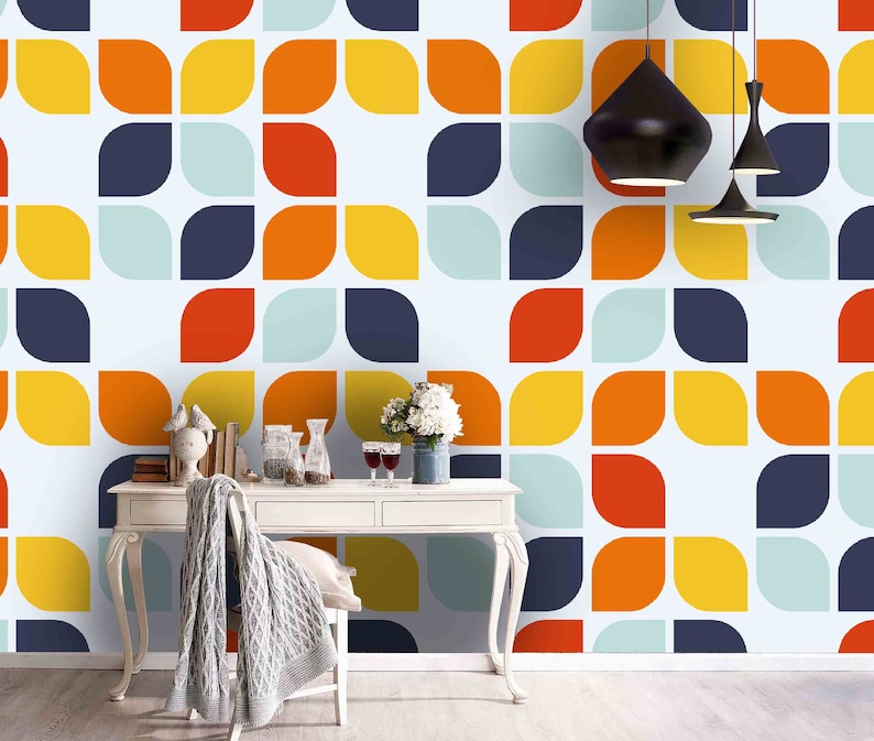 Removable Self Adhesive Wallpaper Wall Mural,Vintage art,Peel and Stick Geometric shape Wallpaper 3D Warm color
