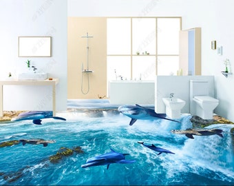 3D Dolphin Turtle Sea, Vinyl Floor Mural, Self-adhesive Vinyl,Floor Art,  Bathroom Floor, Kitchen Floor, Epoxy Floor, 3D Print, 3D Visually