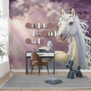 Tapeta 3D Cartoon Animal Unicorn White Tapeta zdejmowana-zdejmowana i przyklejana na ścianę, tapeta ścienna do pokoju zabaw, r