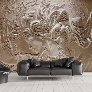 Carta da parati in rilievo 3D, murale in gesso, decorazione da parete di bellezza, arte da parete retrò staccabile e attaccabile, carta da parati rimovibile, adesivo da parete