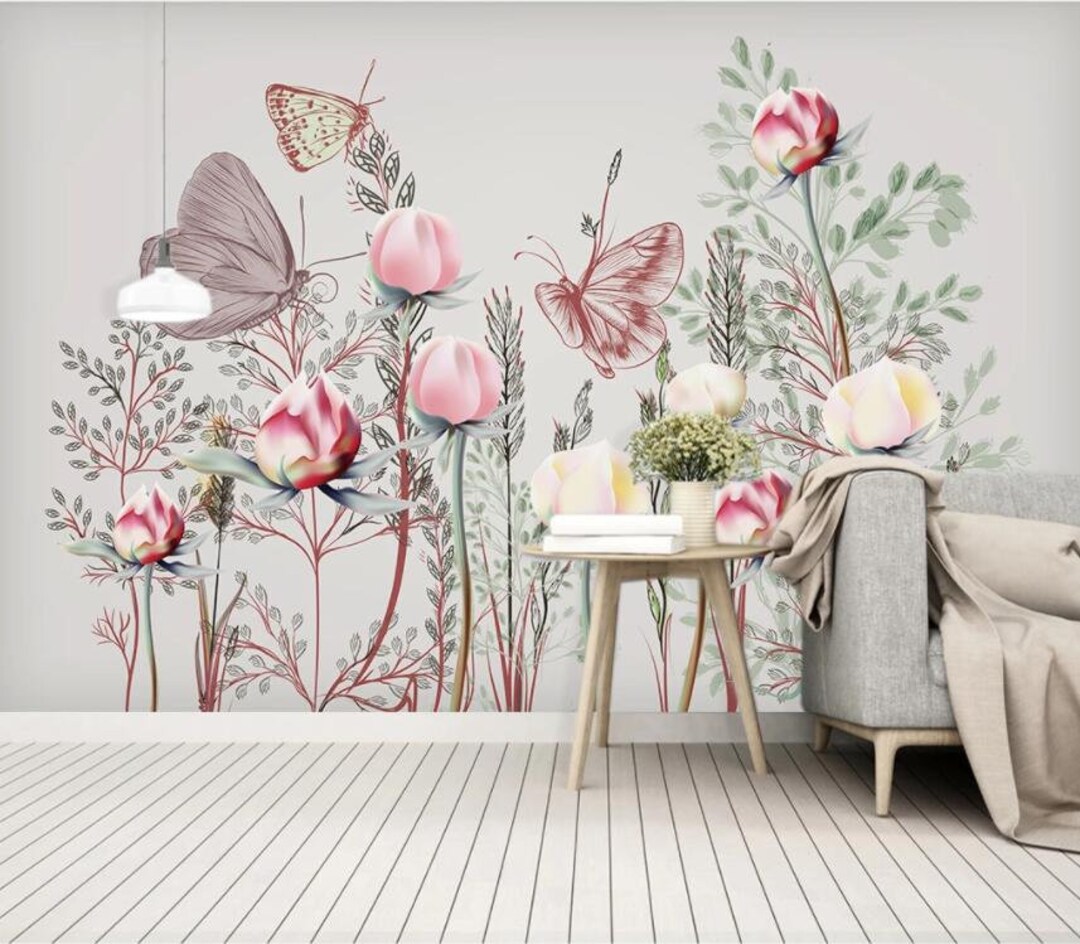 3D Floral Butterfly Wallpaper Mural, Plant Wall Decor, Peel and Stick ...