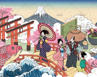 3D Ukiyo-e Wallpaper, Enjoy Tea Wall Mural, Japanese Wall 3D Ukiyo-e Wallpaper, Enjoy Tea Wall Mural, Japanese Wall