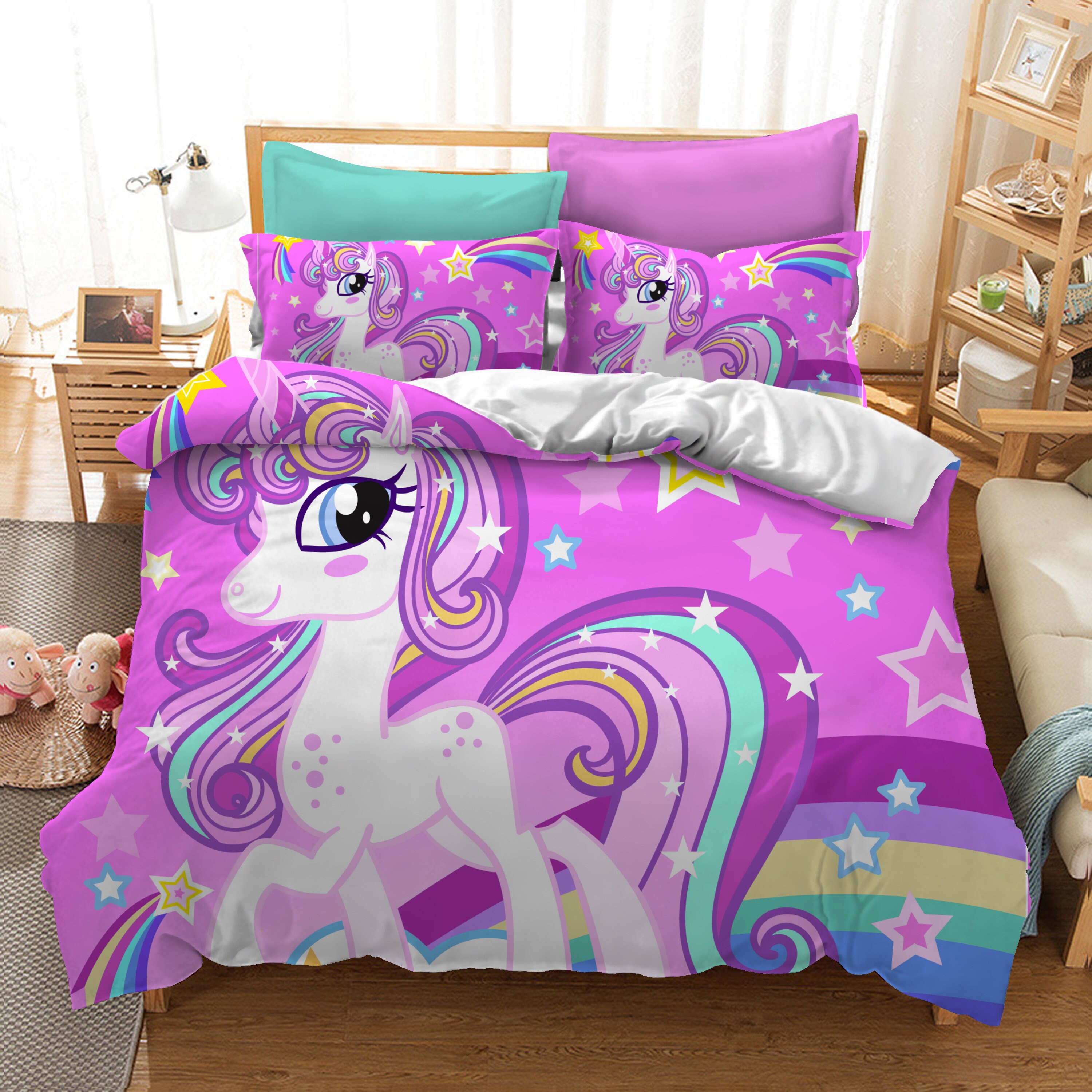 3D Pink Cartoon The unicorn Bedding Set Quilt Cover Quilt Etsy
