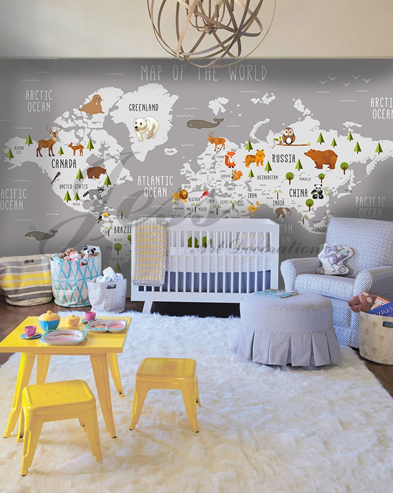 3D World Map Wallpaper Animal Wall Mural Cartoon Wall Decor Etsy
