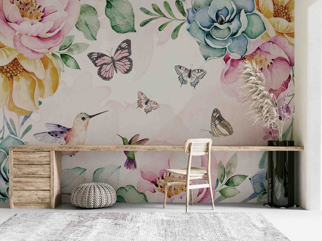 3D Floral Butterfly Bird Wallpaper-nursery Wllpaper Removable Wallpaper ...