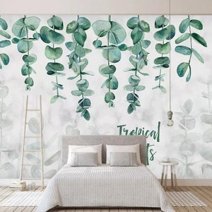 Papel de parede 3d desenhado à mão, folhas verdes, letras verdes, papel de parede removível, mural de parede, decoração de sala de jogos, r