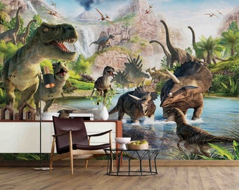 3D Dinosaur Wallpaper, Jurassic Wall Mural, Landscape Wall Decor, Watercolor Wall Art, Peel and Stick, Removable Wallpaper, Wall Sticker