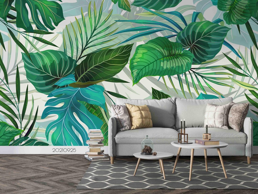 Tropical Leaves Wall Mural – Green Leaf Pattern Peel and Stick ...