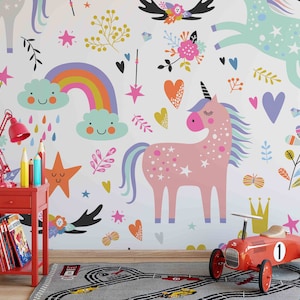 3D Cute Unicorn Wallpaper, Cartoon Rainbow Wall Mural, Floral Wall Decor, Kids Room Wall Art, Peel and Stick, verwisselbaar behang
