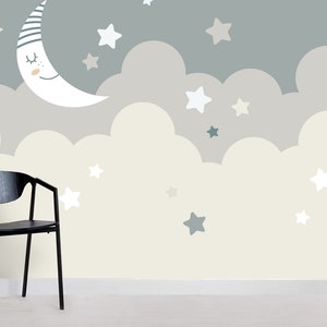 3D maan behang, wolken muur muurschildering, cartoon wand decor, kunst aan de muur kinderen, Peel en Stick, verwisselbaar behang, muur sticker