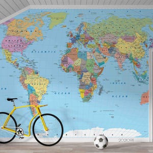 Kaartmuurschildering – 3D klassiek kleurrijk wereldkaartbehang, Peel-and-Stick-behang, kunst aan de muur voor woonkamer, slaapkamer en kantoor