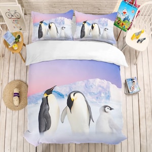3D Penguin Duvet Covers Set, Cartoon Quilt Cover, Ice Bedding Set, White Doona Cover, Black Twin Bedding, Blue Bedding