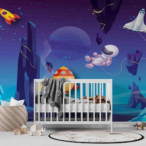 Cartoon Wandbild - 3D Rakete Astronaut Planet Kinder Tapete, Tapete zum Abziehen und Aufkleben, Wandkunst für Wohnzimmer, Schlafzimmer, Büro