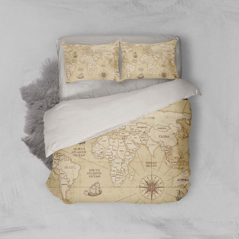 3D World Map Duvet Covers Set Beige Quilt Cover Parchment Etsy