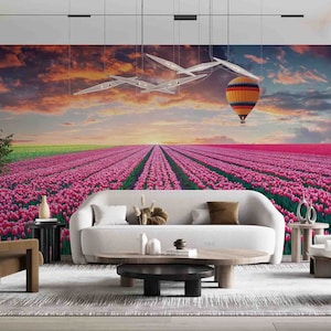 Cielo nuvole mongolfiera tulipano 3D stacca e incolla, carta da parati rimovibile, decorazione murale, carta da parati autoadesiva, decalcomanie da muro, carta da parati murale