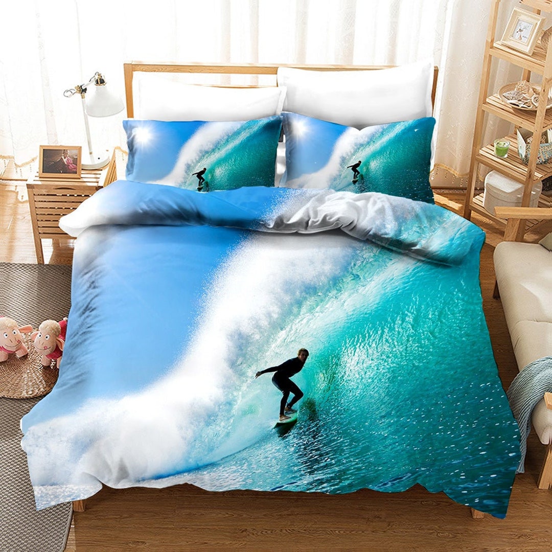 3D Ocean Duvet Covers Set, Surfing Quilt Cover, Wave Bedding Set