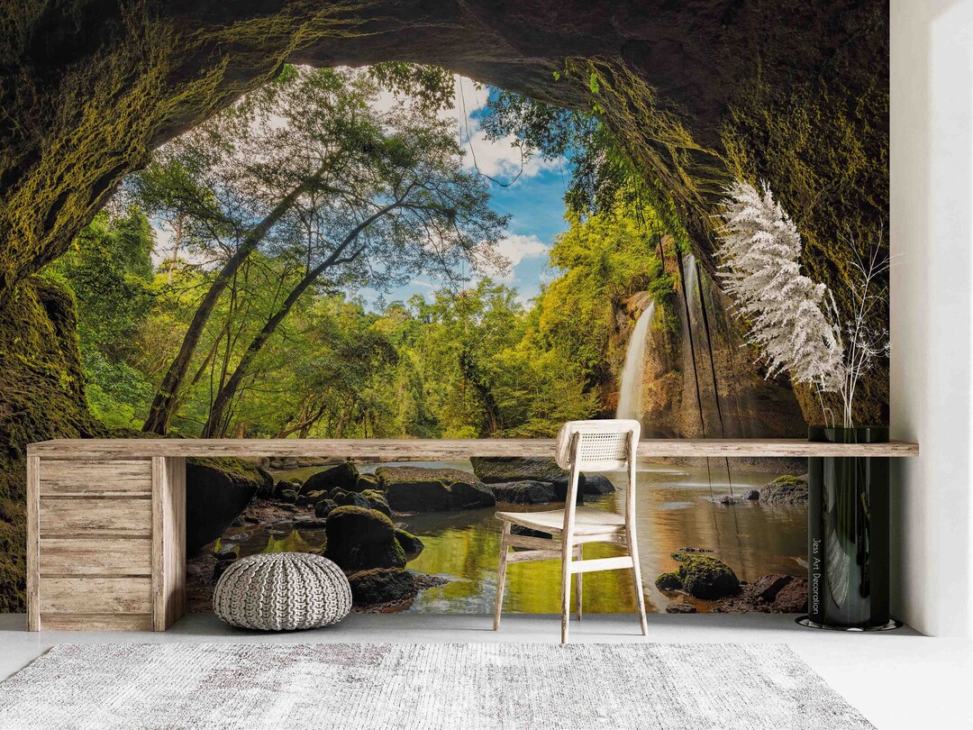3D Cave Wallpaper Green Plant Wall Mural River Wall Decor Etsy