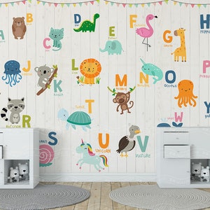 3D dieren behang, brief muur muurschildering, cartoon wand decor, kunst aan de muur kinderen, Peel en Stick, verwisselbaar behang, muur sticker