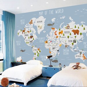 3D-Weltkarten-Tapete, Tier-Wandbild, Cartoon-Wanddekoration, Pflanzen-Wandkunst, abziehen und aufkleben, abnehmbare Tapete, Wandaufkleber