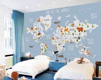 3D World Map Wallpaper, Animal Wall Mural, Cartoon  Wall Decor, Plant Wall Art, Peel and Stick, Removable Wallpaper, Wall sticker