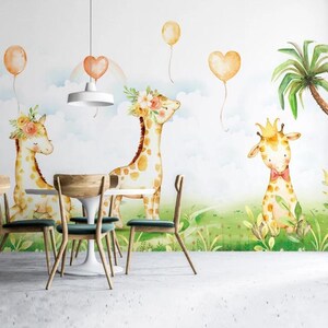 3D Giraffe behang, jungle muur muurschildering, ballonnen wand decor, cartoon kunst aan de muur, Peel en Stick, verwisselbaar behang, muur sticker