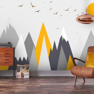 3D bergen behang, zon muur muurschildering, vogels muur decor, cartoon kunst aan de muur, Peel en Stick, verwisselbaar behang, muur sticker
