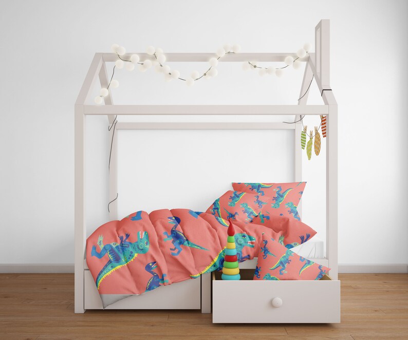 3D Dinosaur Duvet Covers Set, Blue Quilt Cover, Orange Bedding Set