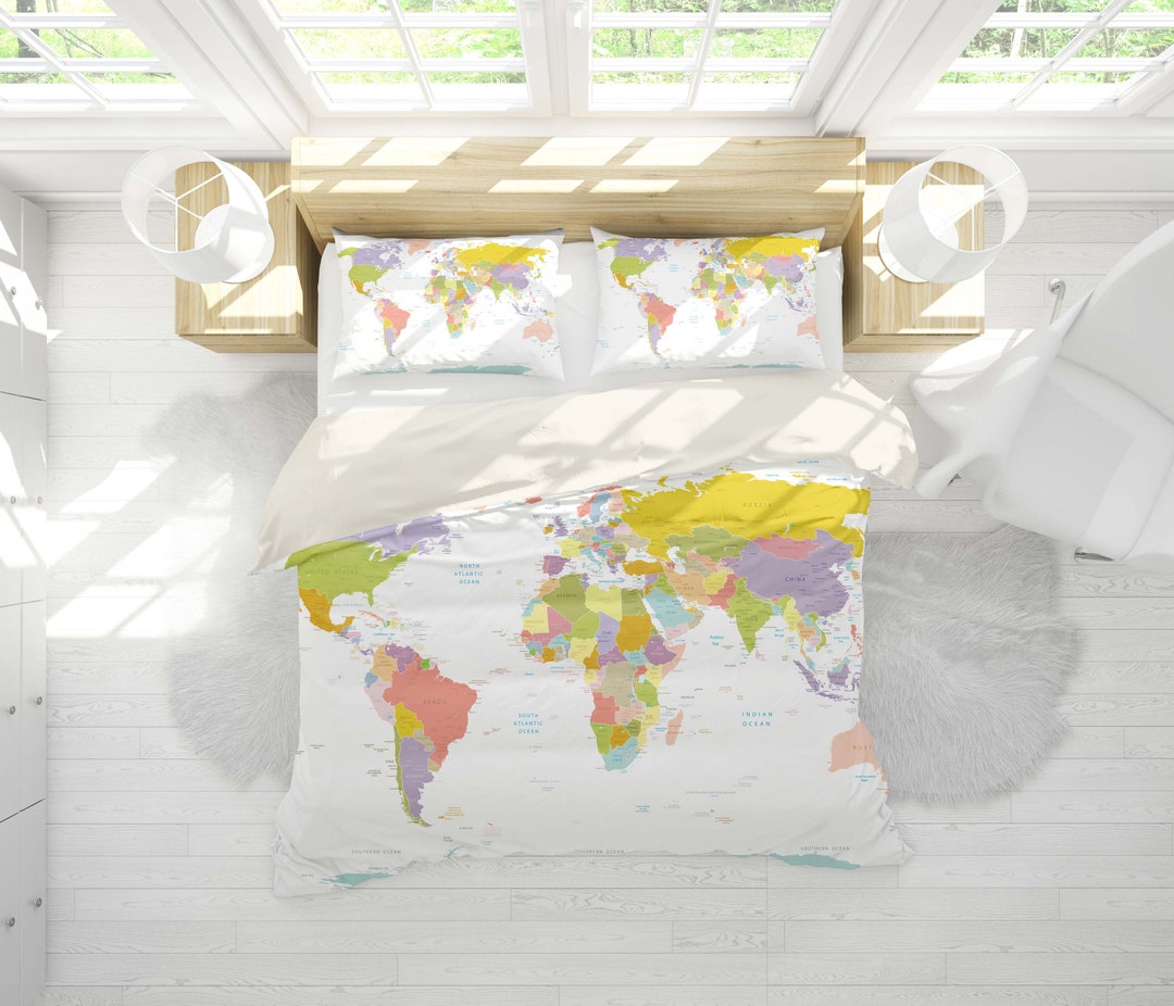 3D World Map Duvet Covers Set, Colorful Quilt Cover, Detail Bedding Set ...